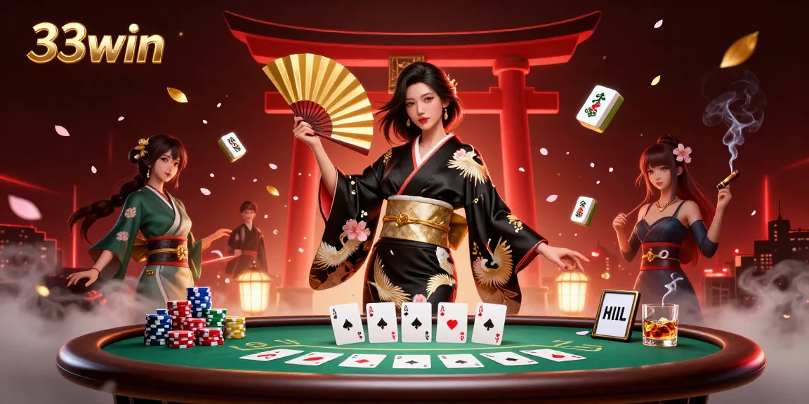 33win casino illustration showcasing a stylish Asian woman and vibrant poker elements