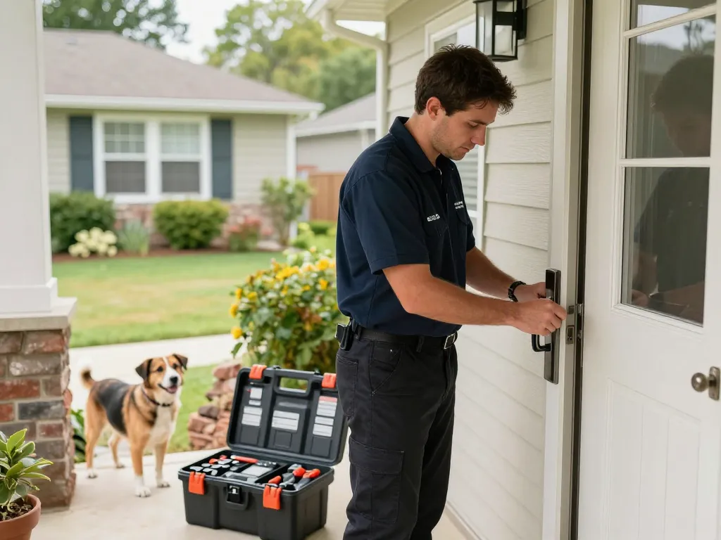 Local locksmith Stuart providing expert lock service to a friendly neighborhood, highlighting community trust.