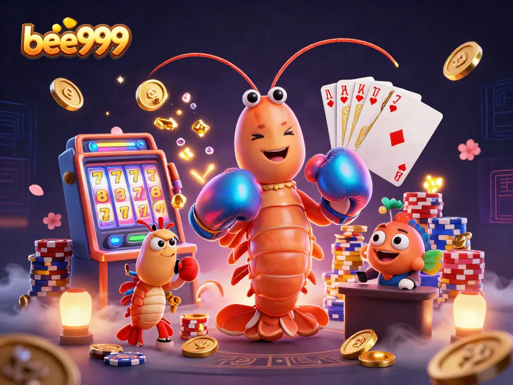 Experience thrilling action with bee999's vibrant 3D illustration of gaming elements including jackpots and poker chips.