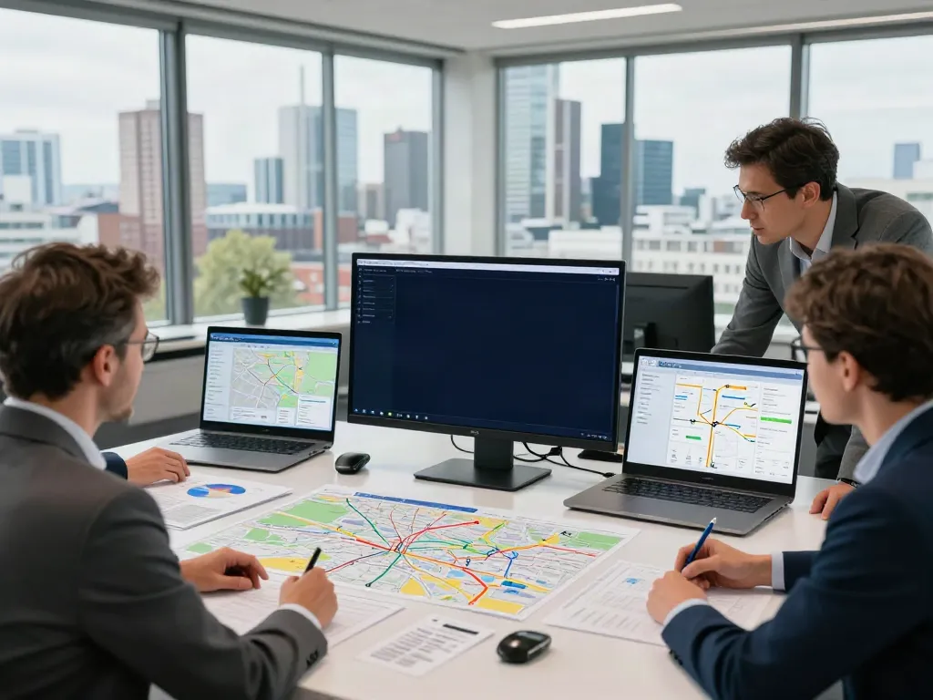 Transportfirma in Düsseldorf im modernen Büro mit professionellem Team, das an Transportplänen arbeitet.