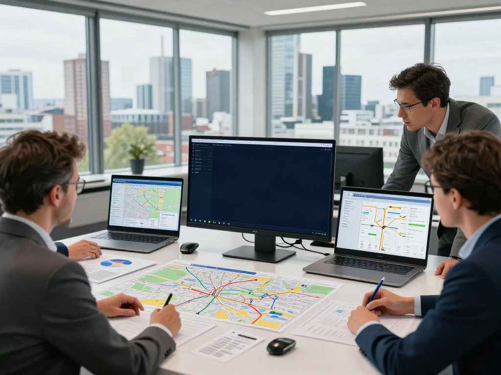 Transportfirma in Düsseldorf im modernen Büro mit professionellem Team, das an Transportplänen arbeitet.