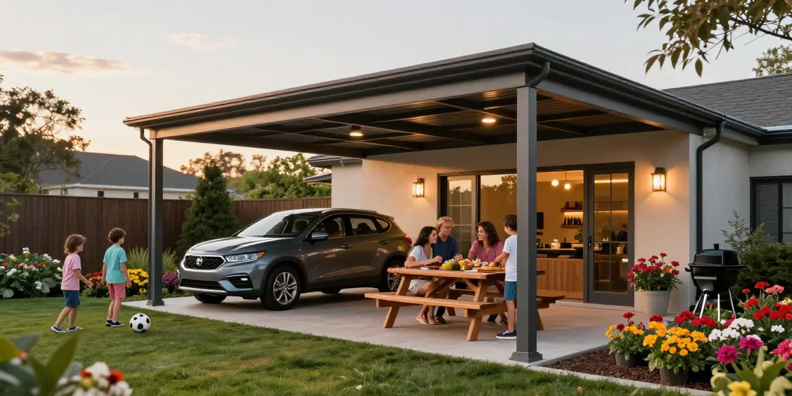 Schöner Carport im Garten schützt ein Auto, während die Familie im Freien grillt.
