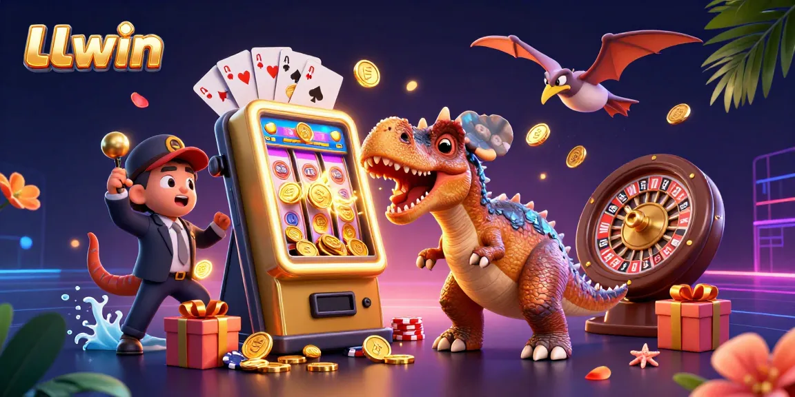 LLwin captures a wild casino scene with animated dinosaurs and jackpot action.