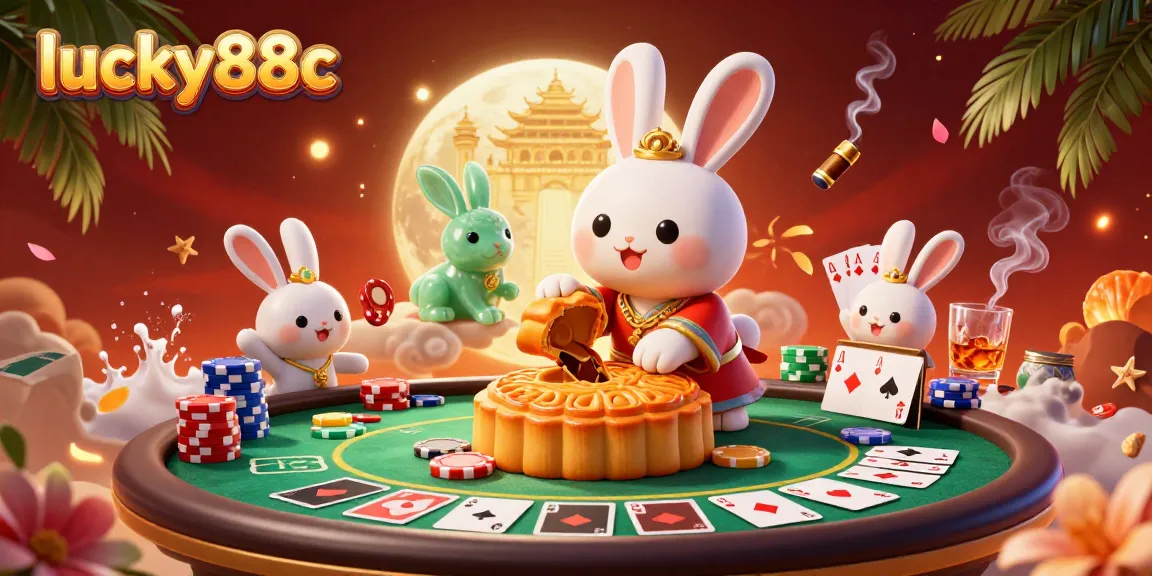 Spin the reels with lucky88c, showcasing a vibrant casino scene filled with poker excitement and lunar charm.