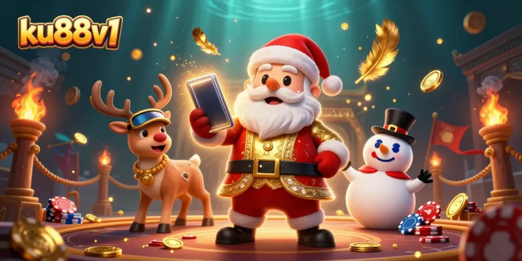Experience the thrill of winning at ku88v1 with Santa and friends in this vibrant casino illustration.