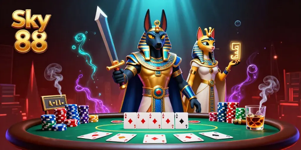 Experience dynamic gaming action at Sky 88 with ancient Egyptian warriors in this vibrant 3D illustration.