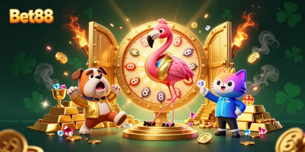 Experience thrilling gameplay at Bet88 with vibrant 3D casino characters and dazzling treasures.