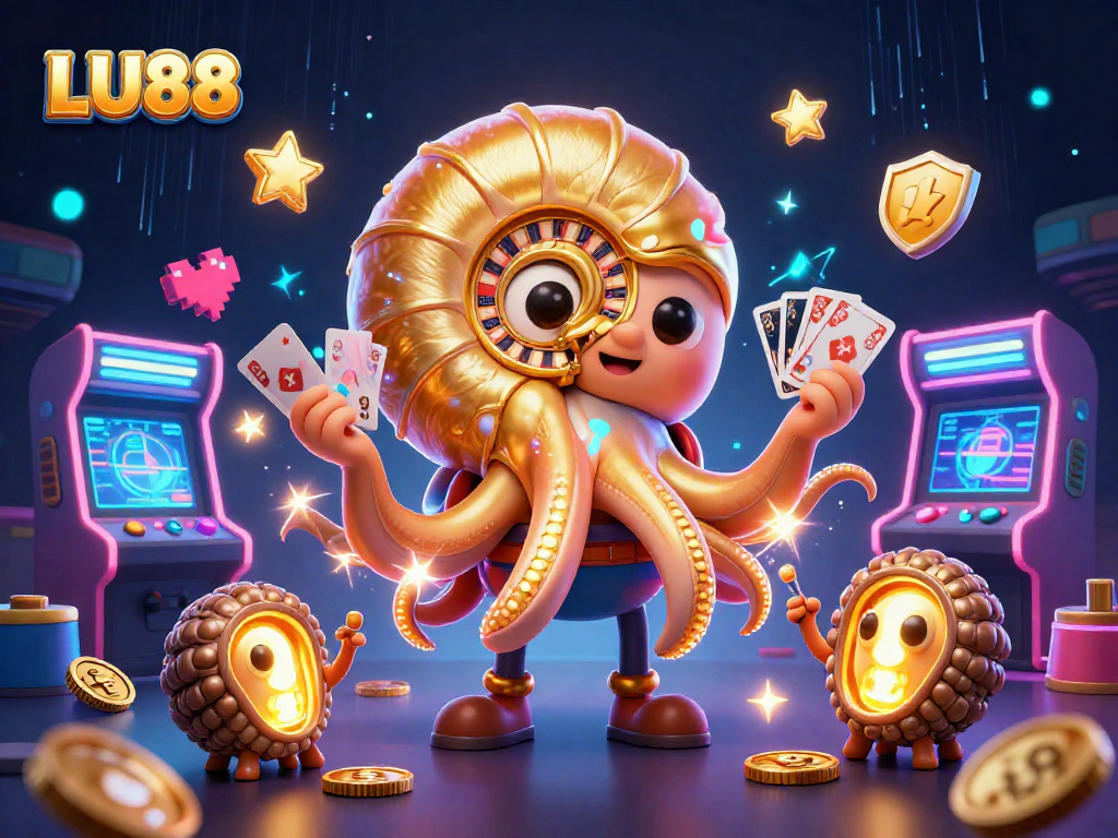Experience exciting gaming with LU88, featuring a vibrant 3D nautilus roulette wheel and arcade machines.