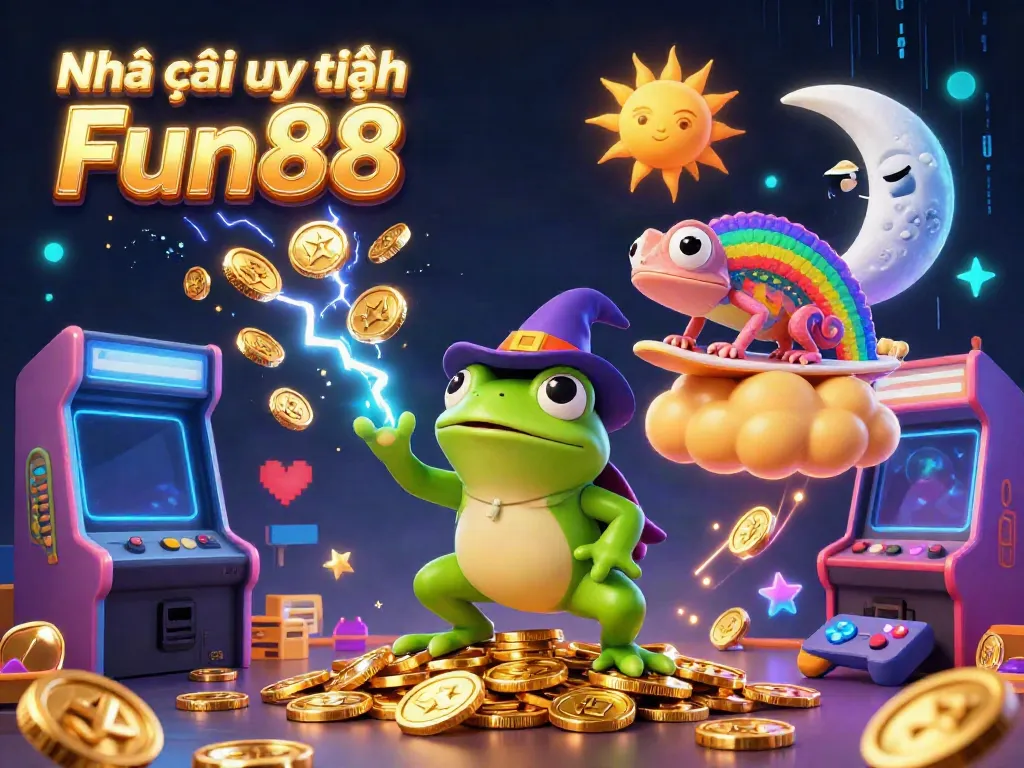 Engage with the vibrant world of Nhà cái uy tín Fun88, showcasing a whimsical weather wizard frog and chameleon amidst a storm of gold coins and gaming elements.