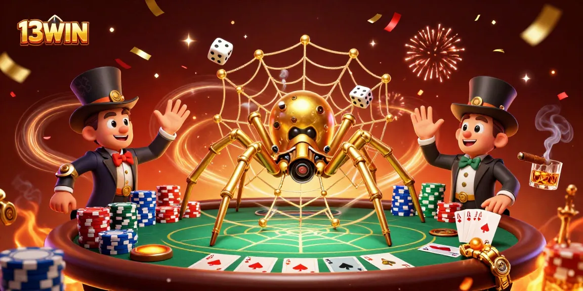 Experience the thrill of 13WIN with golden spider webbing poker chips and dice in an exciting casino atmosphere.