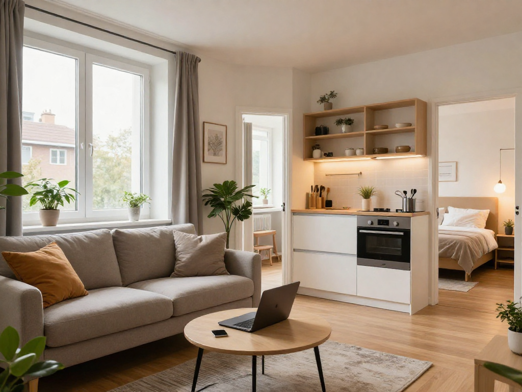 Ein modernes Monteurzimmer Hannover mit stylischem Wohnbereich und komplett ausgestatteter Küche.
