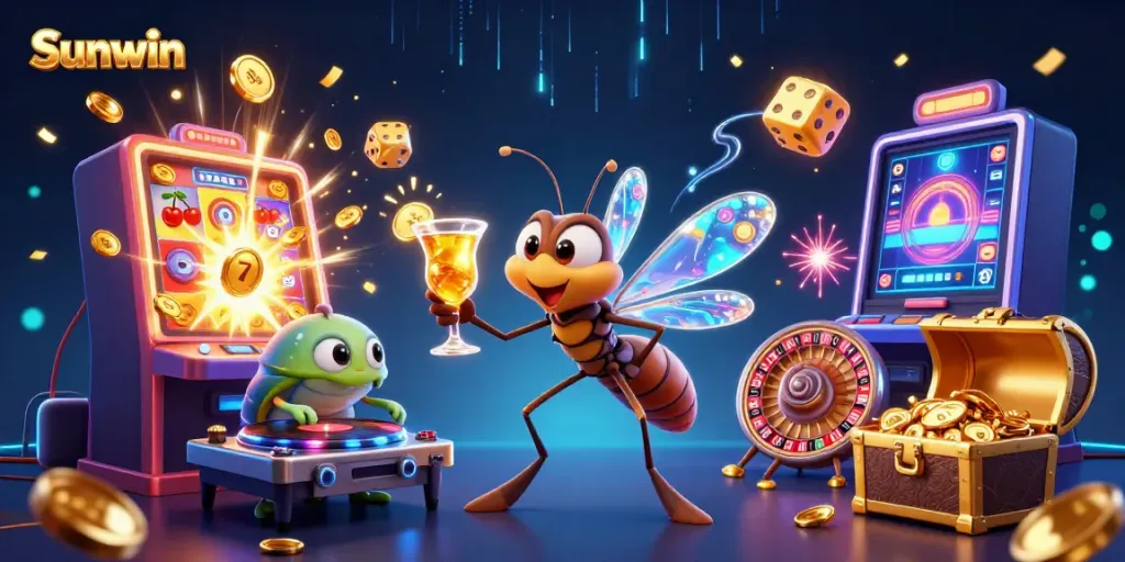 Experience the thrill of Sunwin with a vibrant 3D casino scene featuring unique characters and casino elements.