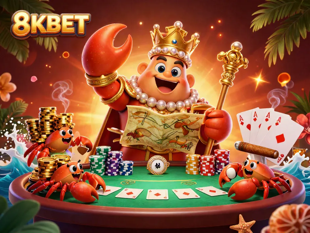 Experience the vibrant and dynamic world of 8KBET with a vivid illustration featuring a golden crab emperor and gambling elements.