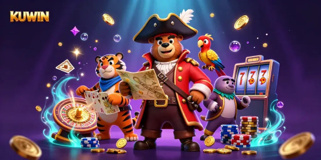 Experience exciting casino adventures with KUWIN's vibrant pirate atmosphere featuring a bear, tiger, and treasures.