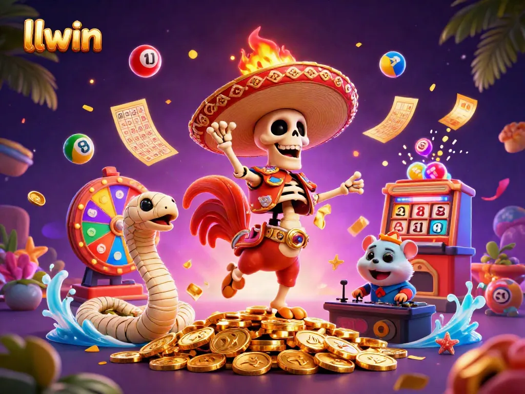 Experience the thrill with llwin's exciting 3D casino-themed celebration featuring golden coins, vibrant lottery elements, and dynamic characters.