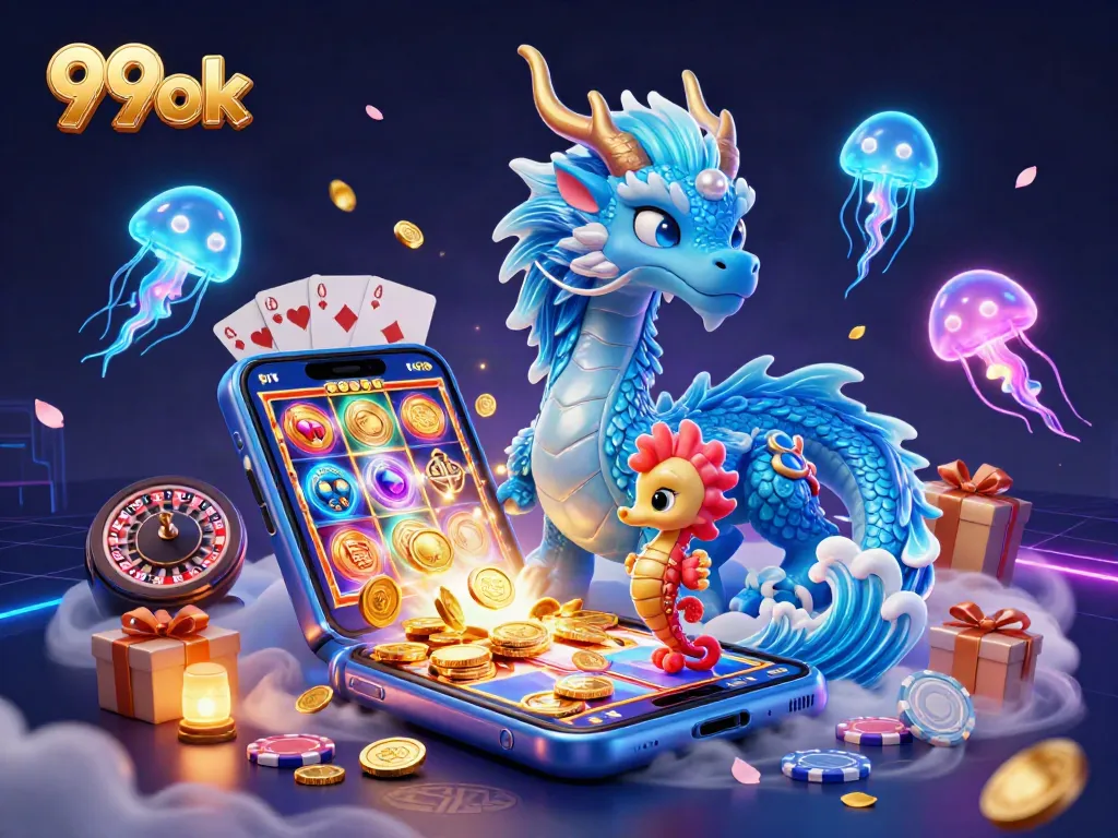 Experience 99ok gaming thrills with vibrant 3D casino scene featuring a majestic water dragon and exciting game elements.