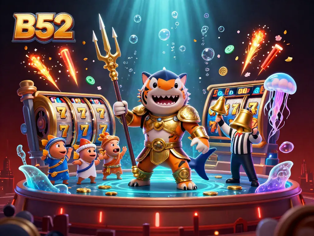Experience B52 excitement with a golden armored shark at a vibrant casino scene.