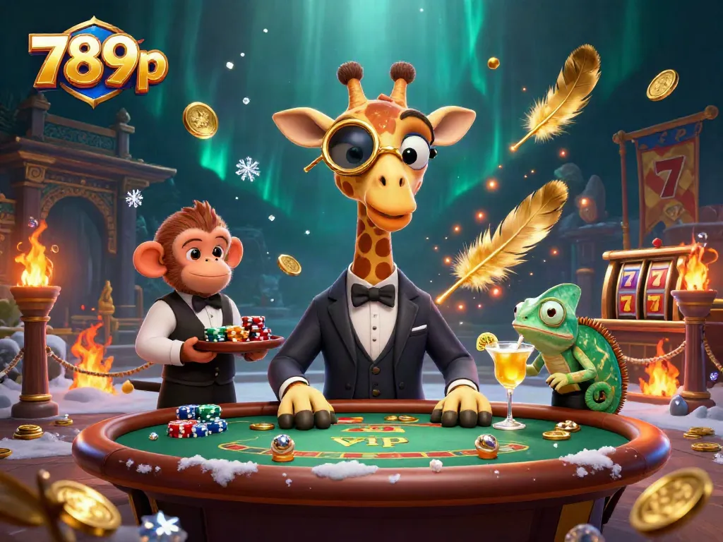 Enjoy thrilling gameplay with 789p as high-roller giraffe plays poker at a vibrant casino scene.