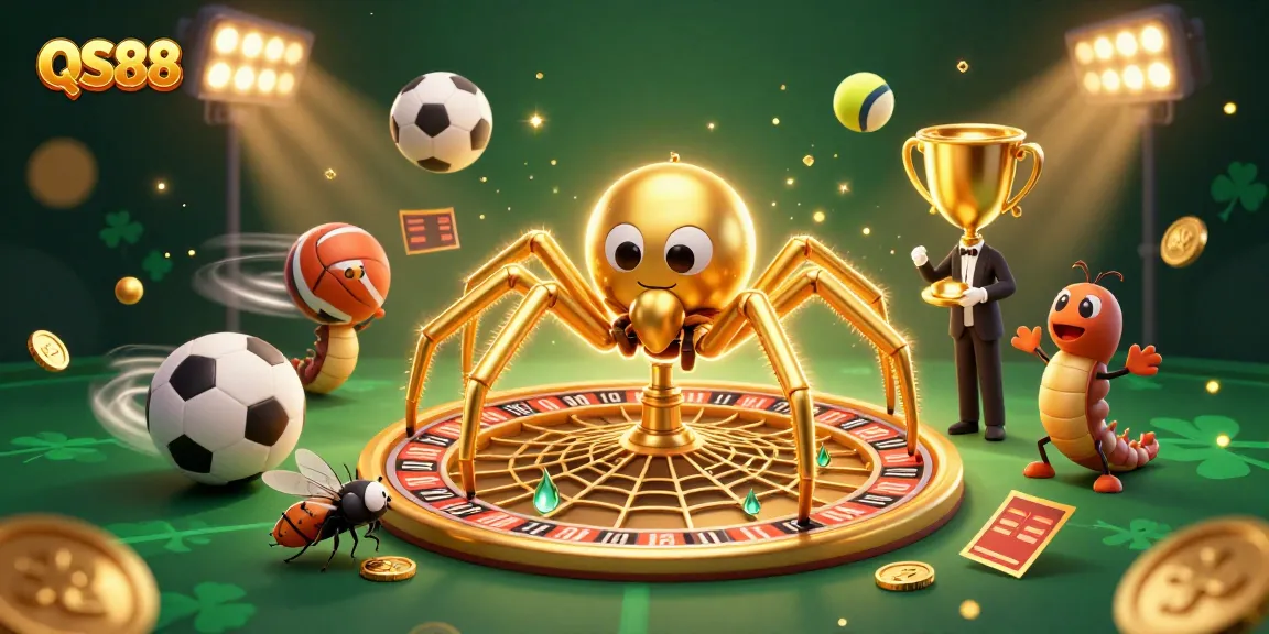 Engage in thrilling bets and winnings at QS88 featuring an excited fly at a roulette web.