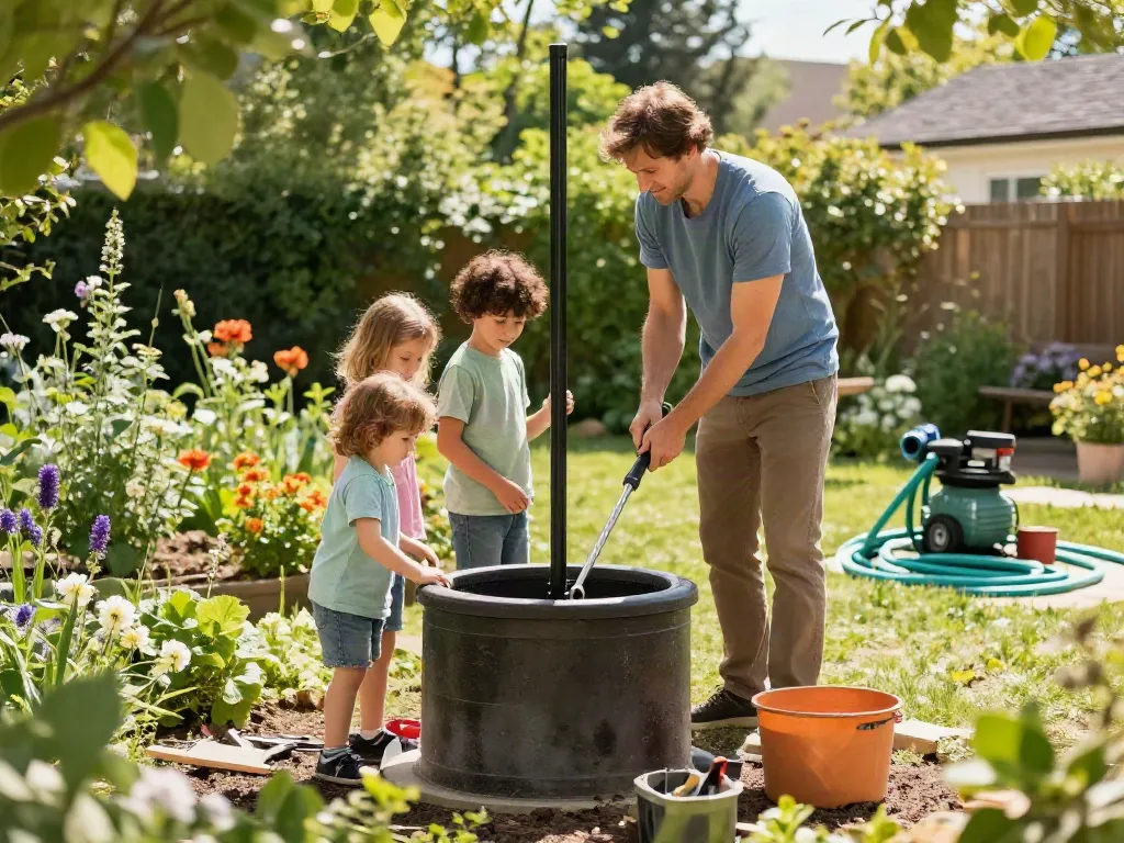 Familie im Garten mit einem Brunnenbohrer beim Brunnenbau, sonnige Atmosphäre.