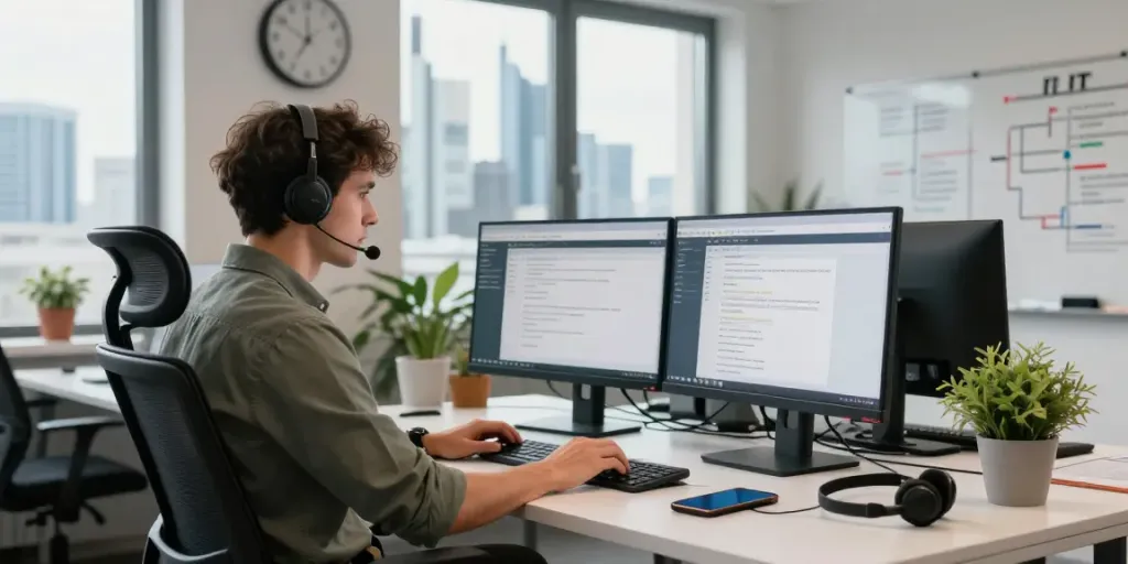 IT Support Frankfurt - IT-Techniker bei der Arbeit in modernem Büro mit technischen Geräten und Frankfurt Skyline sichtbar.