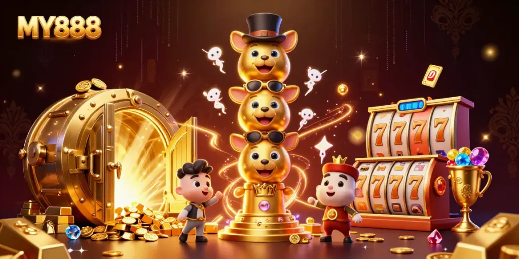 Experience the thrill of MY888’s casino gaming with an illustrated golden totem and rich treasures.