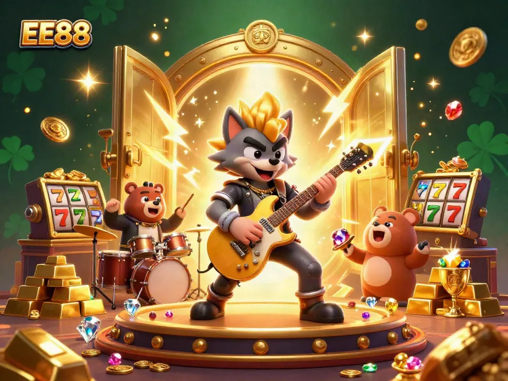 Experience thrilling action with EE88 as the rock star wolf rocks the casino stage filled with sparkling treasures.