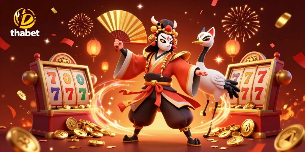 Experience the excitement of thabet's casino with dynamic slot reels and themed characters.