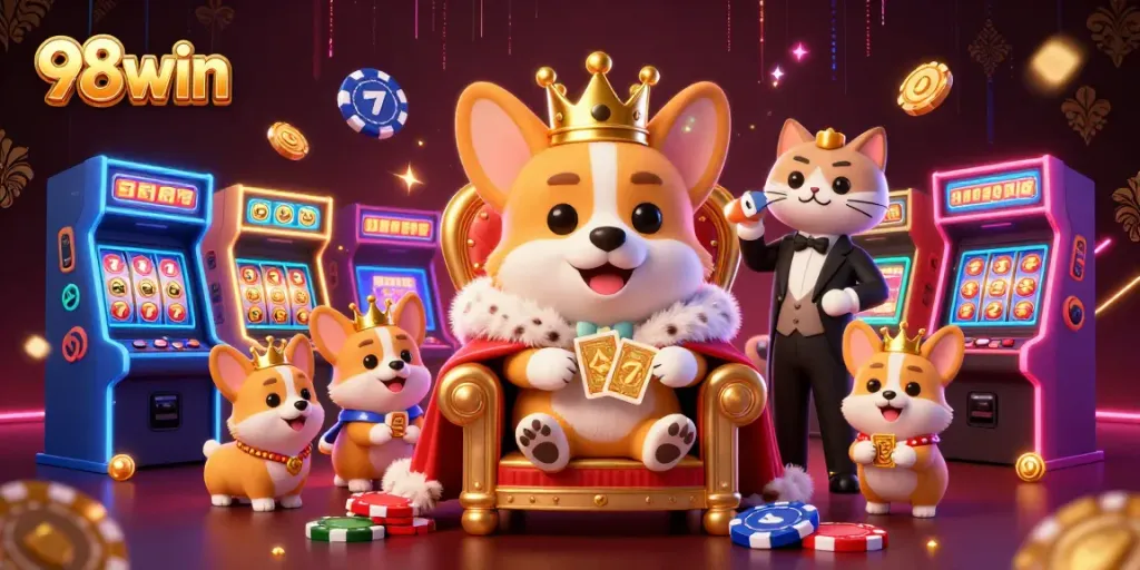 Engage in thrilling slots action with colorful 98win elements and dynamic characters.