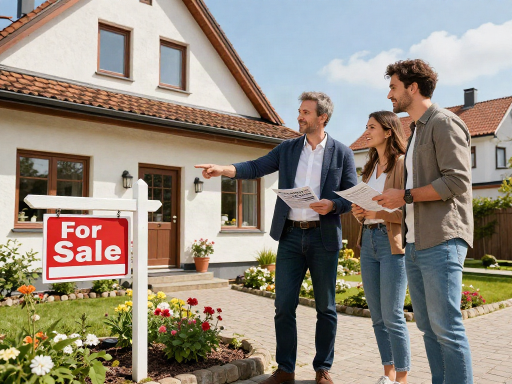 Immobilienmakler Rostock zeigt ein charmantes Wohnhaus einer interessierten Familie in einem einladenden Außenbereich.