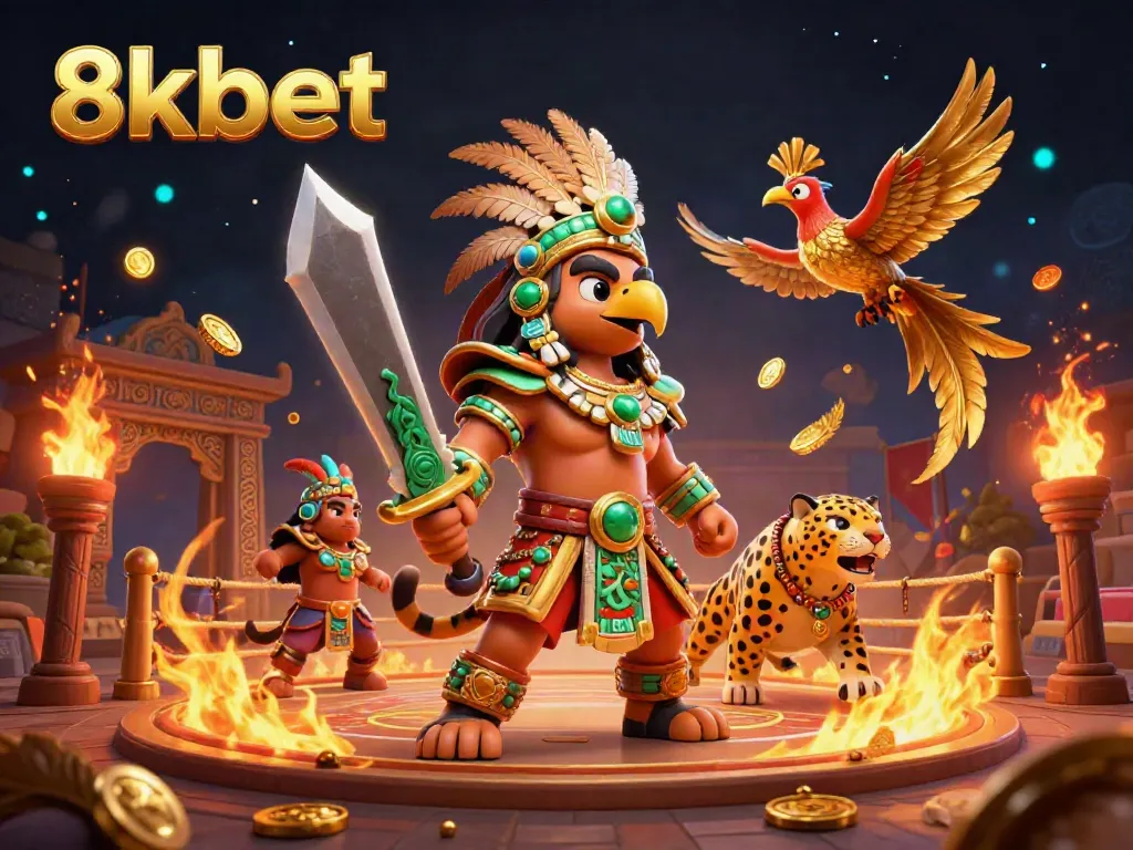 Experience the thrill of 8kbet with an exciting casino scene featuring Aztec-themed warriors and golden gaming elements.
