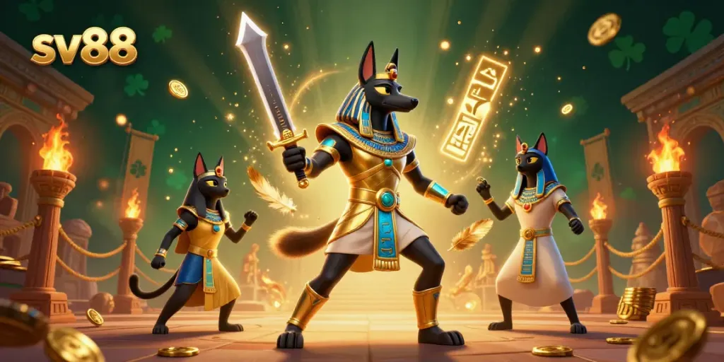 Experience the thrilling atmosphere of sv88, where ancient Egyptian warriors and vibrant game elements come alive in a 3D illustration.