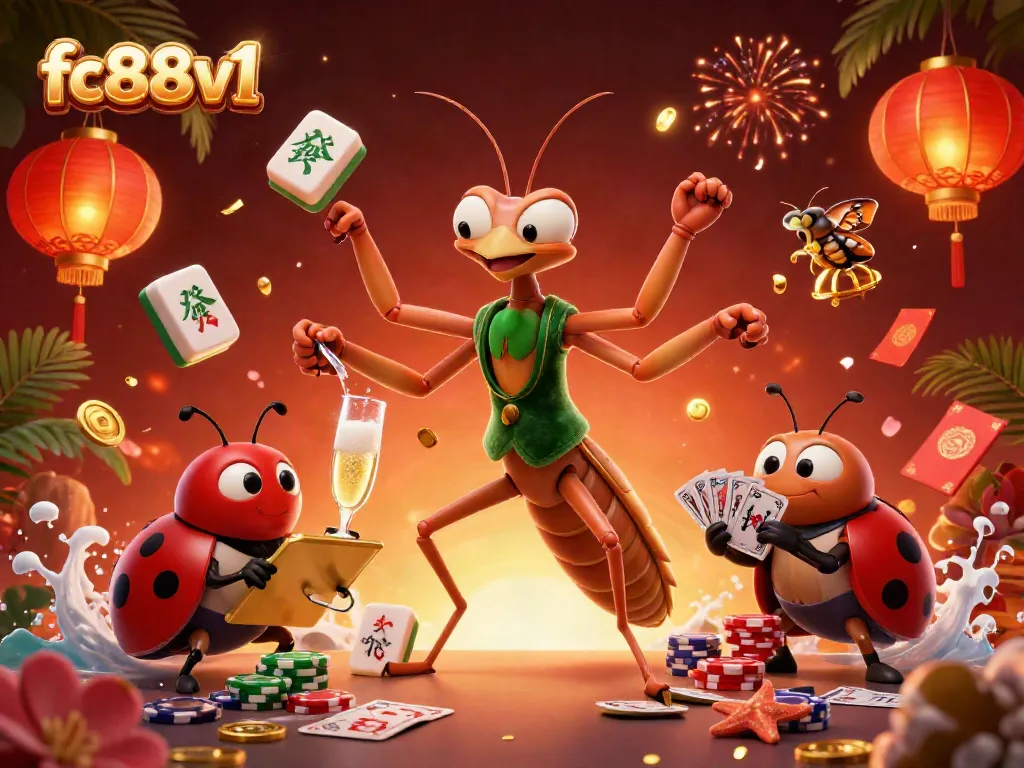 Engage in thrilling gaming at fc88v1 with a dynamic 3D scene featuring a giant praying mantis card sharp and a ladybug pit boss.