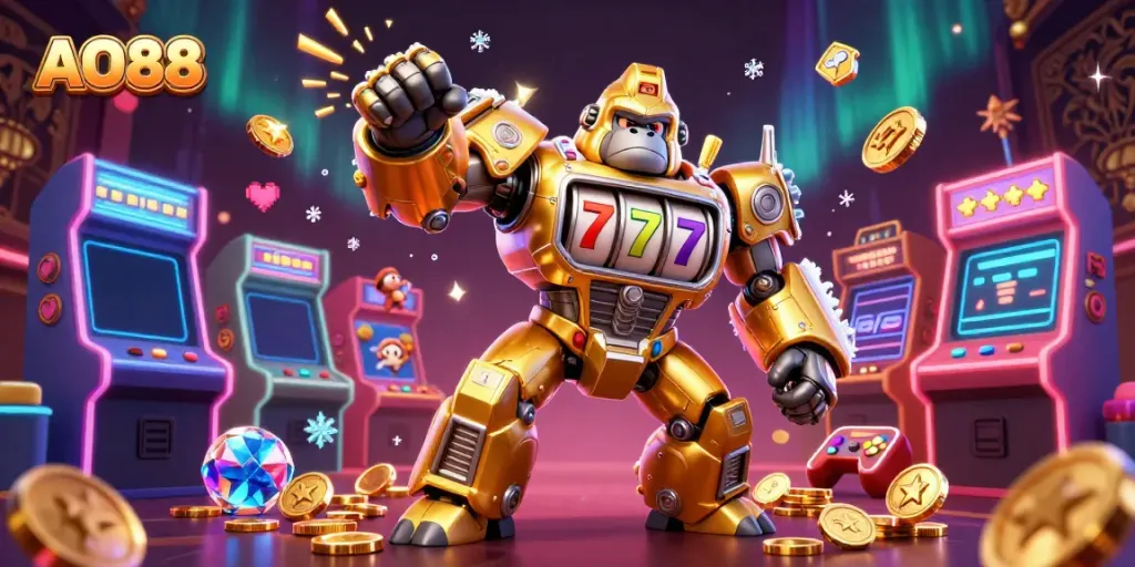 Experience the excitement of casino gaming with AO88's vibrant 3D gorilla mech and arcade elements.