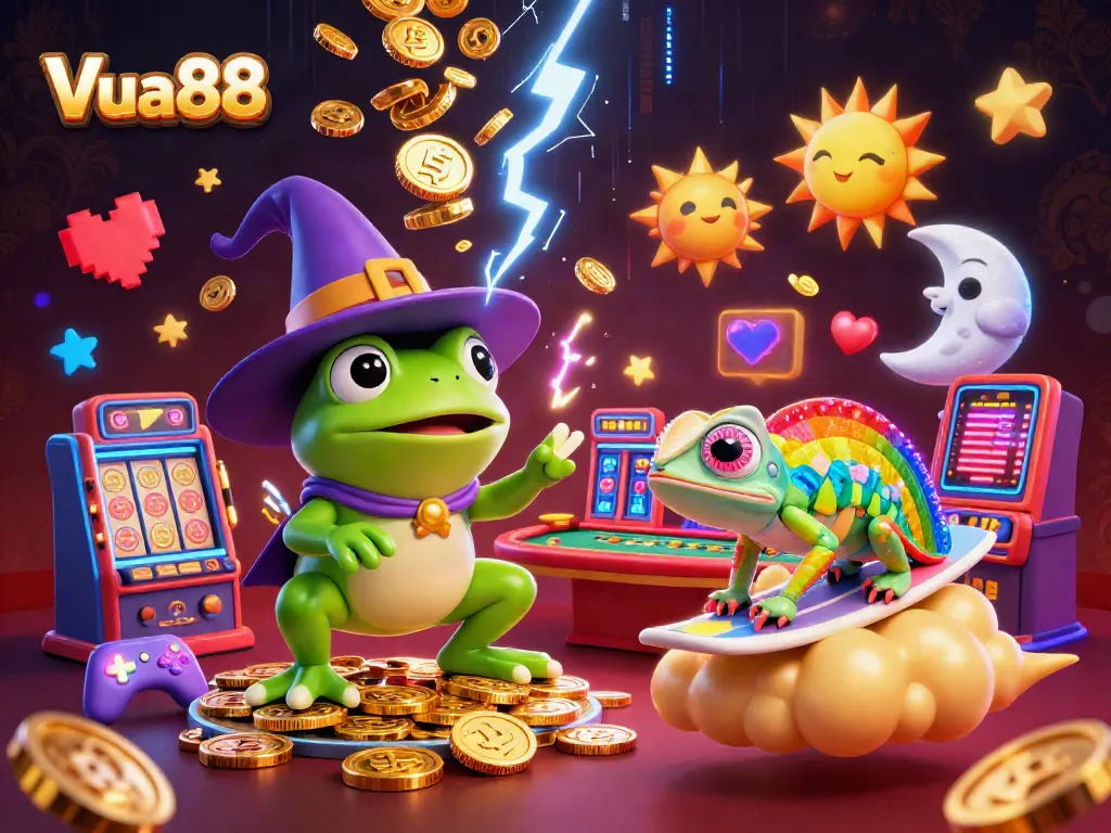 Experience high-stakes fun with Vua88 as vibrant characters gather around dynamic casino elements and golden coins.