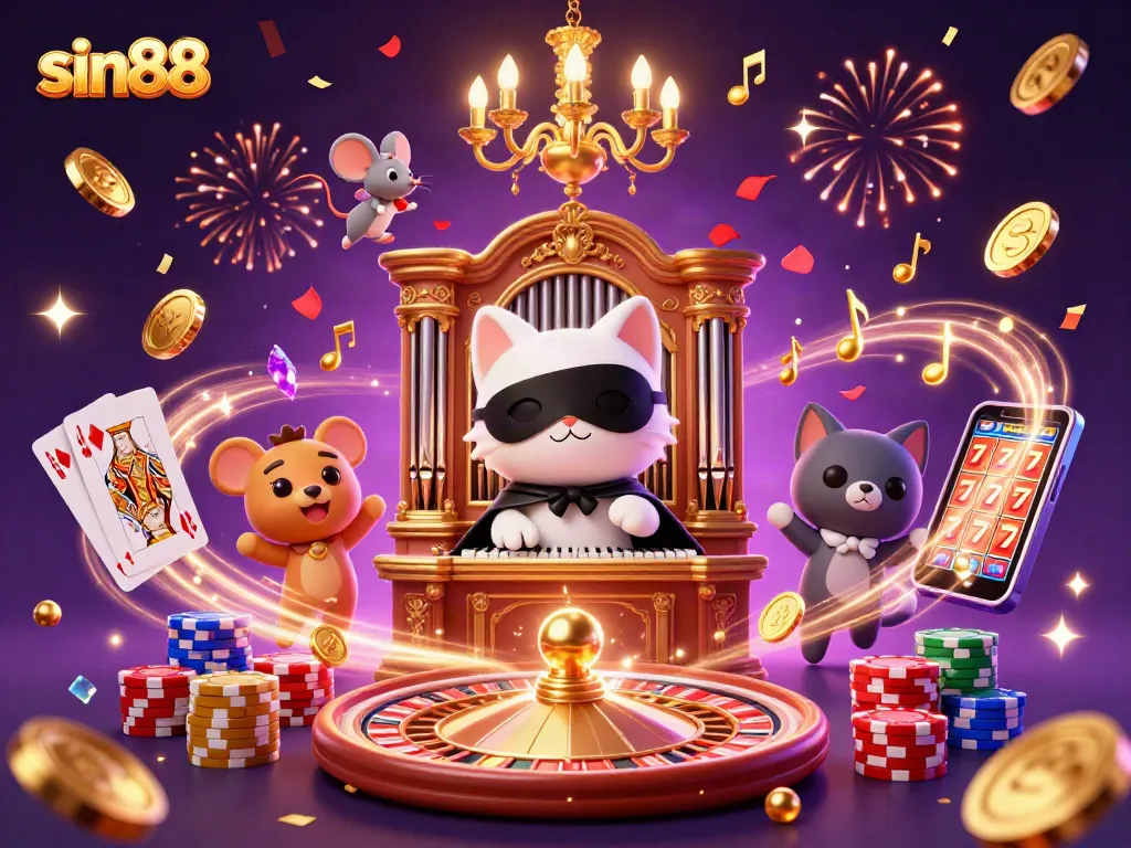 Spin the reels at sin88 with a festive 3D casino scene showcasing vibrant gaming elements.