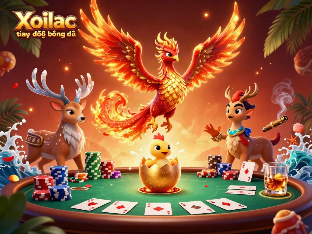 Xoilac trực tiếp bóng đá celebrated with a vibrant 3D phoenix scene blending gambling elements.