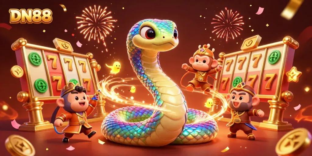 Experience the vibrant world of DN88 with a playful monkey king and a rainbow serpent surrounded by slot game riches.