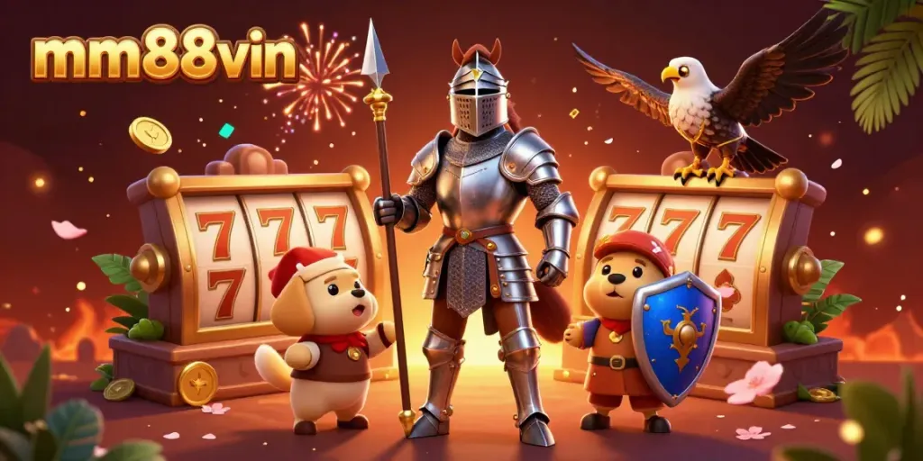 Engage with mm88vin as the knight conquers the casino realm surrounded by vibrant gaming elements.