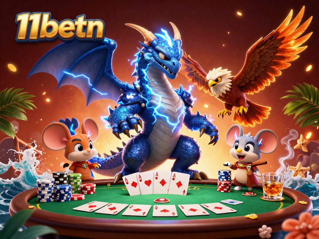 Engage with thrilling casino action featuring 11betn's dynamic characters and poker scene elements.