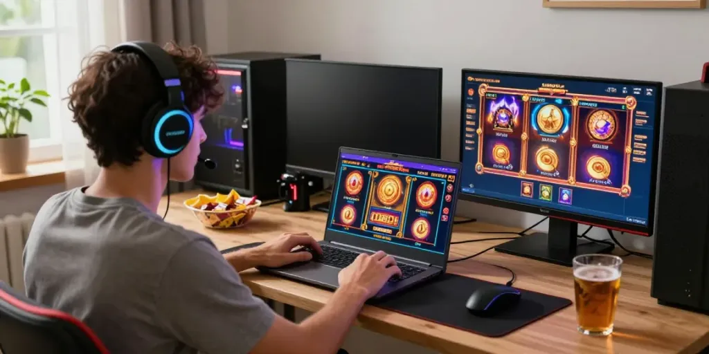 Player enjoying a slot gacor game on a laptop in a cozy home gaming setup.