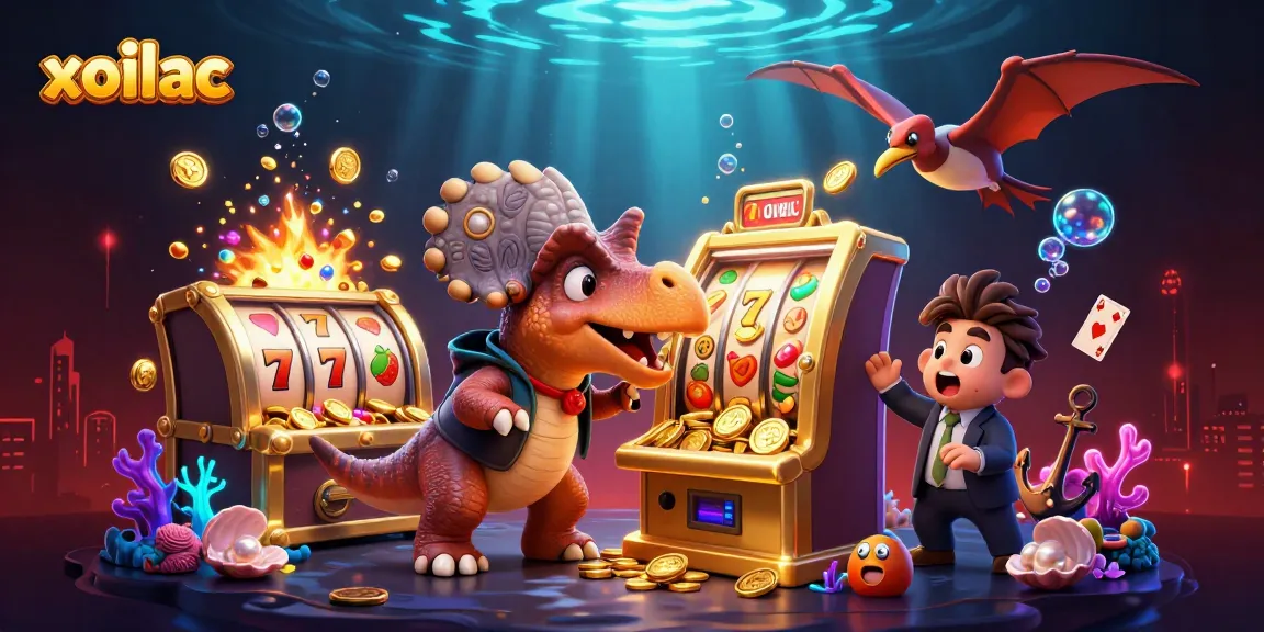 xoilac slots scene featuring animated dinosaurs winning jackpots and collecting coins