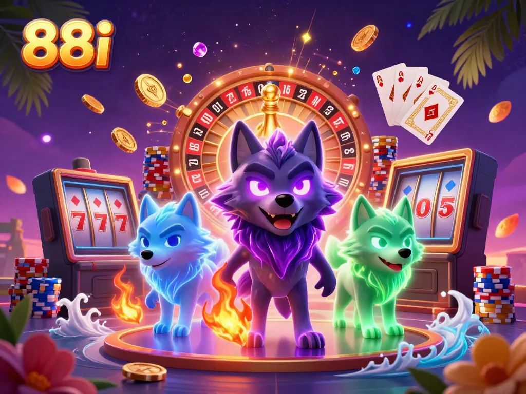 Win big with 88i's immersive gaming experience featuring glowing wolves, coins, and playing cards.