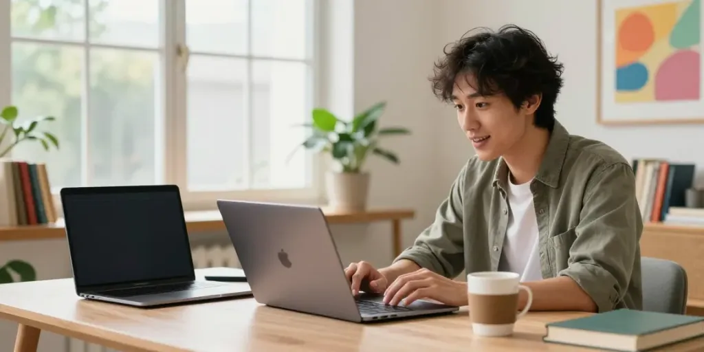 Engaging in spicy AI chat on a laptop in a stylish home office.
