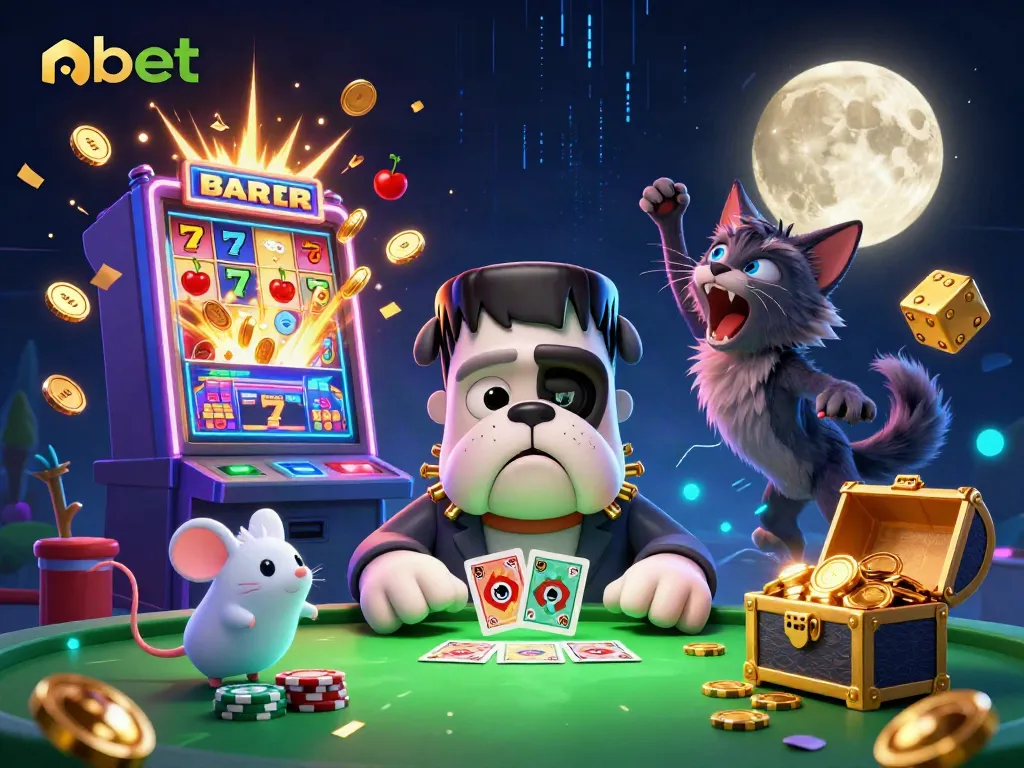 Experience nbet's thrilling card games with a Frankenstein bulldog dealer in a lively casino scene.
