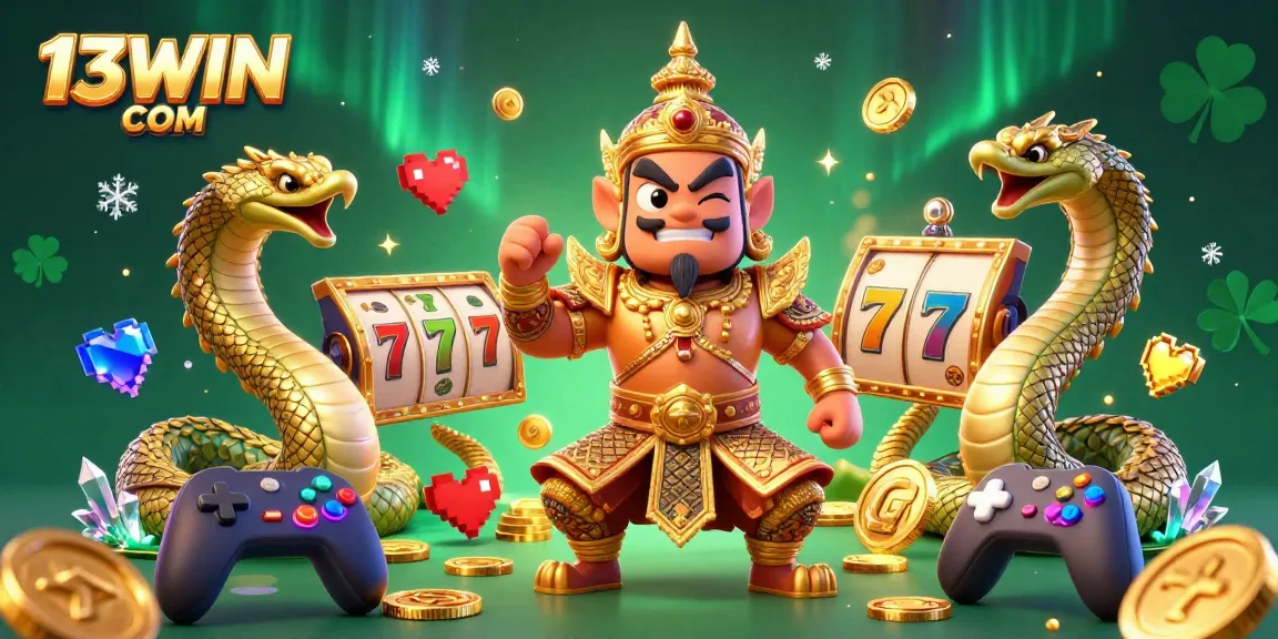 Engage with the vibrant world of 13WIN COM casino games amidst colorful slot reels and guardian characters.