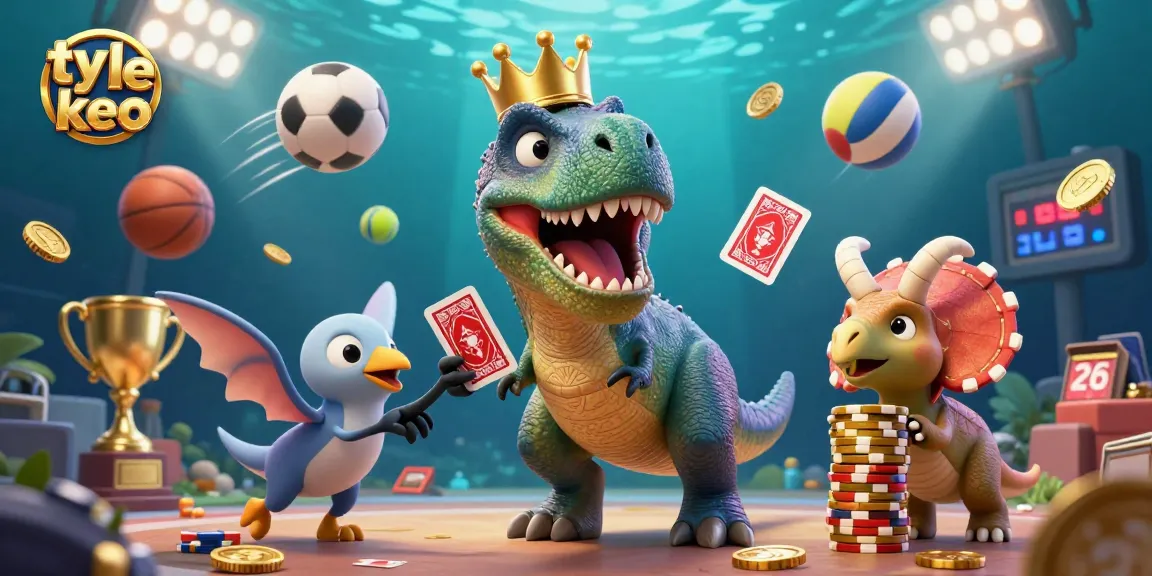 Experience the excitement of ty le keo with T-Rex shuffling cards and sports elements in action!