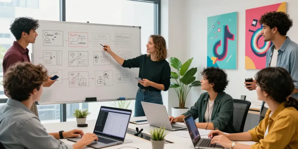 A dynamic team brainstorming for a TikTok agency campaign, showcasing collaboration and creativity in a modern office.