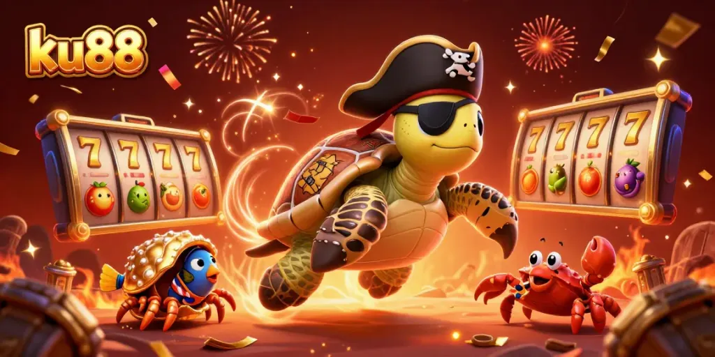 Win big with ku88 in a vibrant 3D casino scene featuring a turtle pirate and exciting slot games.