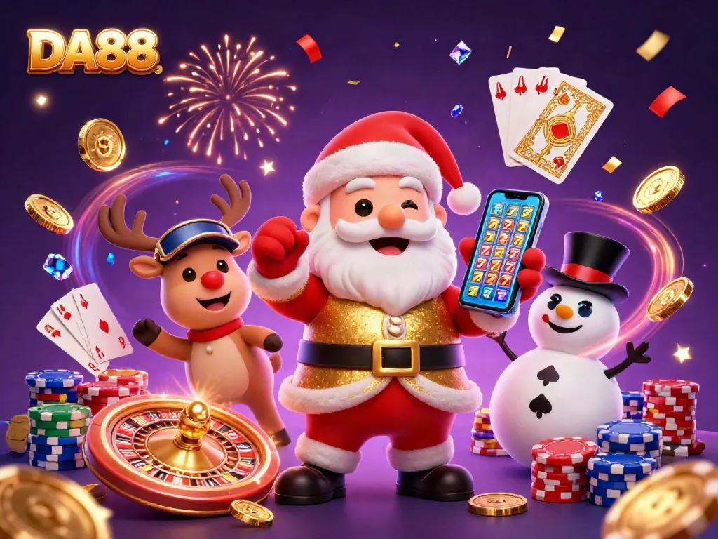 Engage with DA88's festive online casino world featuring a jackpot slots-themed illustration.